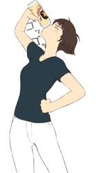  1girl alcohol beer beer_can blush brown_hair closed_eyes drinking gake_no_ue_no_ponyo hand_on_hip jas risa_(ponyo) short_hair simple_background solo studio_ghibli white_background 