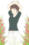  1girl arms_behind_head arms_up brown_eyes brown_hair cowboy_shot flower gake_no_ue_no_ponyo highres jas looking_at_viewer midriff one_eye_closed pants risa_(ponyo) shirt short_hair smile solo studio_ghibli 