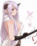  1girl arched_back bare_back bare_shoulders belt black_gloves blush braid breasts butterfly demon_horns fingerless_gloves from_side gloves granblue_fantasy hair_ornament hair_over_one_eye horns katana large_breasts long_hair looking_at_viewer narumeia_(granblue_fantasy) pointy_ears purple_hair shibasaki_shouji sideboob sidelocks simple_background sleeveless solo sword upper_body violet_eyes weapon white_background 