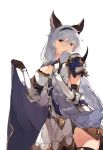  1girl animal_ears armor braid breasts brown_eyes cape duoyuanjun elbow_gloves gauntlets gloves granblue_fantasy heles highres large_breasts long_hair revision silver_hair solo thigh-highs very_long_hair zettai_ryouiki 