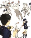  2boys atsushi_toushirou black_hair black_legwear covering_face from_behind gokotai gokotai&#039;s_tigers hat jumping kneehighs male_focus military military_uniform multiple_boys tiger tiger_cub tobacco_(artist) touken_ranbu uniform white_hair white_tiger 