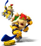  absurdres black_eyes bowser bowser_jr. coin father_and_son highres hockey_stick super_mario_bros. no_humans official_art red_eyes redhead 
