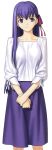  1girl fate/stay_night fate_(series) hair_ribbon hands_together highres light_smile long_hair looking_at_viewer matou_sakura pink_ribbon purple_hair ribbon solo transparent_background violet_eyes 