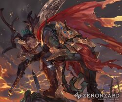  1boy boots brown_hair cape copyright_name field_of_blades grimace holding holding_sword holding_weapon horns looking_at_viewer male_focus mature_male official_art pants red_cape red_eyes short_hair so-taro solo steel-toe_boots sword torn_cape torn_clothes weapon zenonzard 