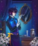  1boy ahoge apron blue blue_bowtie blue_clothes bowtie butler candle cup curtains flower gloves hair_over_eyes highres lily_(flower) mirror one_eye_covered original purple_hair reflection rrose shirt solo striped striped_shirt sugar_cube teacup teapot trolley vest white_gloves yellow_eyes 