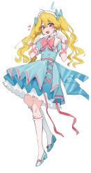  1girl :d absurdres ahoge blonde_hair blue_bow blue_dress blue_footwear bow commentary_request dress flying_sweatdrops full_body goback hair_bow hands_up heart highres kneehighs long_hair magical_girl original pink_bow pleated_dress puffy_short_sleeves puffy_sleeves shoes short_sleeves simple_background smile socks solo twintails very_long_hair white_background white_socks 