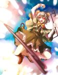  1girl animal_ears arm_up basket blurry boots capelet clouds dowsing_rod dress eredhen full_body grey_hair highres jewelry long_sleeves looking_at_viewer mouse_ears mouse_tail nazrin necklace open_mouth red_eyes ribbon short_hair smile solo tail touhou 