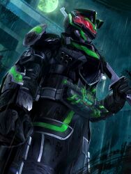  1boy animal_ears armor black_armor black_bodysuit bodysuit bujinsword_buckle desire_driver fake_animal_ears glowing glowing_eyes highres holding holding_sword holding_weapon kamen_rider kamen_rider_geats_(series) kamen_rider_tycoon kamen_rider_tycoon_bujinsword katana male_focus omochi_mochi_(mcmc_akari) raccoon_ears rain red_eyes red_visor rider_belt sword weapon 