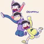  &gt;_&lt; 3boys artist_name brothers closed_eyes hands_in_pockets heart heart_in_mouth hoodie ichimatsu jumping jyushimatsu karabako male_focus messy_hair multiple_boys open_mouth osomatsu-kun osomatsu-san osomatsu_(osomatsu-kun) shoes shorts siblings signature simple_background slippers sneakers socks tan_background 