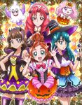  4girls akagi_towa amanogawa_kirara argyle argyle_background aroma_(go!_princess_precure) bat_hair_ornament bird black_gloves blue_eyes blue_hair bow brown_hair bubble_skirt capelet corset crescent_earrings dog earrings frills gloves go!_princess_precure hair_ornament hairband halloween hanzou haruno_haruka hat jewelry kaidou_minami long_hair multiple_girls orange_skirt pink_bow precure puff_(go!_princess_precure) purple_skirt red_eyes redhead short_hair skirt smile star star_earrings thigh-highs violet_eyes witch_hat 