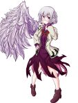  1girl benizuwai bow bowtie covering_mouth dress highres jacket kishin_sagume long_sleeves open_clothes purple_dress red_eyes shirt short_hair silver_hair single_wing solo touhou wings 