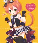  1girl :3 :d animal_band_legwear animal_ears black_gloves black_legwear blush bow cafe_maid cat_ears cat_tail character_name checkered checkered_skirt chibi dated dress earrings gloves green_eyes happy_birthday hat hoshizora_rin jewelry looking_at_viewer love_live!_school_idol_project mityennn necktie nyan open_mouth orange_background orange_hair paw_pose paw_print pinstripe_legwear ribbon short_hair skirt smile solo tail twitter_username vertical-striped_skirt vertical_stripes 