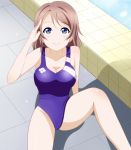  1girl blue_eyes breasts brown_hair competition_swimsuit from_above looking_up love_live!_school_idol_project love_live!_sunshine!! one-piece_swimsuit pool salute school_uniform shadow short_hair sitting smile solo swimsuit watanabe_you water 