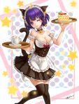  1girl absurdres animal_ears apron artist_name bell bell_collar black_legwear breasts cake cat_ears cat_girl cat_tail cleavage coffee collar collarbone cowboy_shot food heart highres knees_together_feet_apart looking_at_viewer maid maid_apron maid_headdress miniskirt one_eye_closed original purple_hair shuo_shuo signature simple_background skirt smile solo star tail thigh-highs tray violet_eyes white_background zettai_ryouiki 