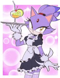  1girl :< absurdres animal_ears apron black_dress blaze_the_cat cat_ears cat_girl cowboy_shot cup dress drinking_straw eyelashes forehead_jewel furry furry_female gem gloves highres holding holding_tray jeff_miga light_blush looking_at_viewer maid maid_apron puffy_short_sleeves puffy_sleeves purple_fur red_gemstone short_sleeves solo sonic_(series) thigh-highs tray white_gloves yellow_eyes 