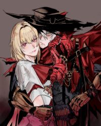  1boy 1girl bianca_(pgr) black_hat blonde_hair bruise coat grey_background hair_intakes hat highres injury joints mechanical_arms official_alternate_costume punishing:_gray_raven red_coat robot_joints watanabe:_epitaph_(pgr) watanabe_(pgr) xiemon801 