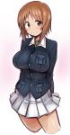  1girl arms_behind_back blush breasts brown_eyes brown_hair cropped_legs do_(taka) girls_und_panzer highres impossible_clothes large_breasts looking_at_viewer nishizumi_miho school_uniform short_hair simple_background skirt smile solo throat_microphone uniform 