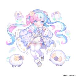  1girl :d bell blue_eyes blue_footwear blue_hair blue_hairband blue_ribbon blush bow bowtie carrot_hair_ornament character_request coat commentary_request copyright_notice curled_horns dress fang food-themed_hair_ornament footwear_bow full_body fur-trimmed_coat fur-trimmed_dress fur-trimmed_footwear fur-trimmed_sleeves fur-trimmed_thighhighs fur_trim hair_ornament hair_ribbon hairband hood hood_down hooded_coat horns index_finger_raised lily_ange lolita_hairband long_hair long_sleeves looking_at_viewer multicolored_hair neck_bell official_art open_clothes open_coat open_mouth pink_hair purple_bow purple_bowtie purple_coat ribbon sheep sheep_horns smile solo standing standing_on_one_leg thigh-highs twintails two-tone_hair white_background white_thighhighs yellow_bow yellow_dress yellow_horns yinpa_(wanone500511) 