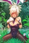  1girl alternate_costume animal_ears breasts bunny_girl bunnysuit cleavage deathwingxiii detached_collar folded_ponytail league_of_legends pantyhose rabbit_ears riven_(league_of_legends) short_hair silver_hair white_hair wrist_cuffs 