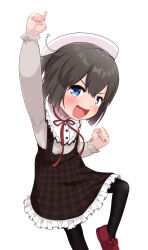  1girl alternate_costume black_dress black_hair black_pantyhose blue_eyes daitou_(kancolle) dress feet_out_of_frame frilled_dress frills hat highres index_finger_raised kantai_collection pantyhose pinafore_dress plaid_clothes plaid_dress sailor_hat shirt short_hair sleeveless sleeveless_dress smile solo white_hat white_shirt yonemiya_inaho 