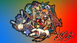 absurdres alakazam baseball_cap beak bird black_fur blastoise blue_background blue_fur body_fur character_request charizard chimchar dinosaur dog dragon fang fiery_hair fiery_tail fukunari_kanchi gallade gradient_background green_background group_picture growlithe hat highres holding holding_poke_ball hood hood_down hoodie houndoom infernape lizard luxray mankey monkey open_mouth pidgeotto pikachu poke_ball pokemon pokemon_(creature) primeape red_(pokemon) red_background red_hat red_hoodie shoulder_cannon signature simple_background tail talons turtle typhlosion venusaur white_fur