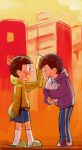  2boys brothers cat crying dirty_clothes highres hoodie ichimatsu jikuno jyushimatsu multiple_boys osomatsu-kun osomatsu-san petting siblings skyline sleeves_past_wrists smile sunset tears 