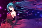  1girl aqua_hair black_gloves blue_eyes dress elbow_gloves floating_hair gloves hatsune_miku long_hair looking_at_viewer mhong red_dress solo twintails vocaloid 