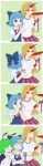  3girls 4koma absurdres antennae artist_name baggy_shorts blonde_hair blue_eyes blue_hair cape cirno comic cuffs dress erwnoid food green_eyes green_hair grin hair_ornament hair_ribbon hand_on_own_stomach highres holding horn hoshiguma_yuugi ice_cream imitating juliet_sleeves laughing long_hair long_sleeves manacles multiple_girls pointy_ears ponytail puffy_sleeves red_eyes ribbon sakazuki shirt short_hair short_sleeves signature smile star tongue tongue_out touhou white_shirt wriggle_nightbug 