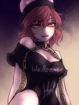  1girl bangs bare_shoulders blush bottomless breasts chain cleavage clothes_writing collar eyebrows eyebrows_visible_through_hair hair_ornament hecatia_lapislazuli looking_down miata_(pixiv) off_shoulder open_mouth orange_eyes redhead shirt short_hair slit_pupils smile solo t-shirt touhou upper_body 