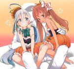  2girls admiral_(kantai_collection) ahoge bare_shoulders blush brown_eyes brown_hair commentary_request dress grey_eyes grey_hair hair_ribbon halloween hat highres jack-o&#039;-lantern kantai_collection kiyoshimo_(kantai_collection) libeccio_(kantai_collection) long_hair looking_at_viewer low_twintails multiple_girls nishimura_nike open_mouth pumpkin_hat pumpkin_skirt ribbon sitting sitting_on_lap sitting_on_person skirt smile twintails very_long_hair 