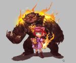  1girl annie_hastur backpack bag bear boots brown_boots burning_hand claws dress fire green_eyes highres league_of_legends maomao on_fire purple_dress redhead short_hair stuffed_animal stuffed_toy teddy_bear watermark yellow_eyes 