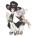  androgynous big_hat black_hair boots bow brown_coat closed_eyes coat detached_sleeves enraku_tsubakura geta grey_eyes hat houren_yabusame jandare len&#039;en open_mouth red_ribbon ribbon short_hair short_hair_with_long_locks shorts silver_hair smile top_hat 