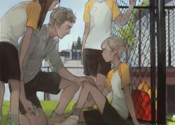  1boy 3girls ankle_socks arm_at_side arm_support arm_up black_shorts blonde_hair blue_eyes brown_hair chain-link_fence closed_mouth day eye_contact feason fence from_side hand_on_another's_knee hand_on_own_ankle hand_on_own_leg hand_on_own_thigh head_out_of_frame holding injury knee_up kneeling leaning_forward long_hair looking_at_another multiple_girls muted_color nose on_one_knee original outdoors outstretched_leg parted_lips pine_tree ponytail profile protected_link raglan_sleeves ribbed_socks scrape scraped_knee shirt shoelaces shoes short_sleeves shorts sitting sky sleeves_rolled_up sneakers soccer_uniform socks sportswear standing three-quarter_sleeves tree unfinished white_footwear white_shirt wing_collar 