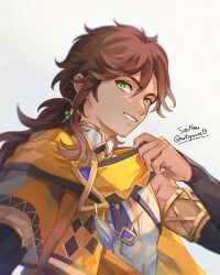  1boy artist_name brown_hair english_commentary genshin_impact green_eyes hair_behind_ear hair_between_eyes highres holding holding_scarf holding_unworn_clothes male_focus parted_lips ponytail portrait scarf sethos_(genshin_impact) shirt sleeveless sleeveless_shirt smile soc_nau solo twitter_username white_shirt yellow_scarf 