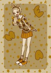  1girl :d absurdres blonde_hair bow commentary_request floral_print full_body hair_bow highres idolmaster idolmaster_cinderella_girls long_sleeves open_mouth orange_footwear orange_skirt senzaki_ema shoes short_hair skirt smile socks solo standing taidanotori teeth upper_teeth_only very_short_hair 