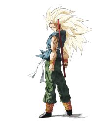  1boy blonde_hair blue_tunic dragon_ball dragon_ball_z from_behind full_body green_eyes green_pants highres long_hair looking_at_viewer looking_back male_focus no_eyebrows pants pato007711 ruyi_jingu_bang simple_background solo son_goku spiky_hair super_saiyan super_saiyan_3 tunic white_background 