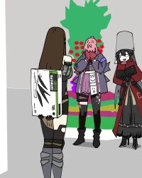  3girls arms_behind_back box brown_hair bucket bucket_hat coat covering_face dandelion_(girls'_frontline) girls_frontline griffin_&amp;_kryuger_military_uniform hat highres holding holding_box long_hair m4a1_(girls'_frontline) m4a1_(mod3)_(girls'_frontline) multiple_girls ping_sama sleeves_past_fingers sleeves_past_wrists st_ar-15_(girls'_frontline) st_ar-15_(mod3)_(girls'_frontline) 