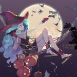  1girl aqua_eyes aqua_hair bare_shoulders bat breasts cleavage crossed_legs dress full_moon gloves halloween hammock hat highres jack-o&#039;-lantern legs long_hair moon night original pumpkin sandals scissors smile solo tennohi witch_hat 