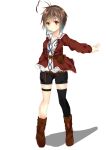  1girl ahoge anklet belt boots brown_boots brown_hair collarbone full_body hair_ornament hairclip jacket jewelry long_sleeves looking_at_viewer mikage000 mismatched_legwear open_clothes open_jacket orange_eyes original outstretched_arm red_jacket short_hair shorts simple_background smile solo standing white_background 