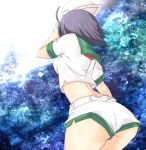  1girl ahoge ass black_hair hat hat_removed headwear_removed murasa_minamitsu sailor sailor_hat school_uniform serafuku short_hair short_shorts shorts solo thighs touhou yokoshima_(qb74pnkp) 