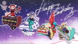  4girls apron blonde_hair blue_hair blue_jacket bow braid cake cake_slice double_bun food frilled_apron frills green_eyes hair_bun hair_ornament hair_stick half_up_braid happy_birthday hat heaven_burns_red highres jacket kanzaki_adelheid long_hair long_sleeves maria_de_angelis multiple_girls nun official_art ponytail puffy_short_sleeves puffy_sleeves red_eyes red_hair ribbon satsuki_mari second-party_source short_sleeves toujou_tsukasa twintails veil very_long_hair white_ribbon 