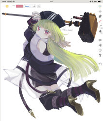  1girl arknights art_program_in_frame black_footwear black_thighhighs boots closed_mouth commentary_request full_body green_hair hammer high_heel_boots high_heels highres hiyu_(kakeobi) holding holding_hammer holding_weapon jumping knee_boots long_hair looking_at_viewer pink_eyes poncirus_(arknights) shoe_soles sledgehammer solo strap thigh-highs twitter_username unfinished weapon 