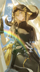  1girl absurdres animal_ears arknights black_pants black_shirt blue_sky breasts brown_hair chinese_commentary commentary_request cow_ears cow_girl cow_horns flower green_eyes hair_flower hair_ornament highres horns long_hair official_alternate_costume pallas_(a_drip_of_orea_and_potamous)_(arknights) pallas_(arknights) pants rainbow shirt sky small_breasts solo yumingtongxue 