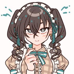  +_+ 1girl apron black_eyes black_hair bow bowtie breasts brown_dress center_frills closed_mouth crossed_bangs dress finger_heart frills hair_between_eyes hamuchosu hand_up heart highres idolmaster idolmaster_cinderella_girls maid_apron maid_headdress medium_hair mole mole_under_eye naked_apron puffy_sleeves simple_background small_breasts smile solo straight-on sunazuka_akira twintails upper_body white_background 