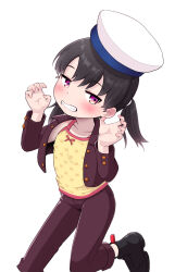  1girl alternate_costume black_footwear black_hair brown_jacket brown_pants camisole curled_fingers feet_out_of_frame hat highres jacket kantai_collection pants sailor_hat short_hair shounan_(kancolle) simple_background solo twintails violet_eyes white_background white_hat yellow_camisole yonemiya_inaho 