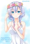  1girl artist_name bare_arms blue_eyes blue_hair blush bra braid character_name collarbone dress flower frilled_bra frills girlfriend_(kari) hair_between_eyes hair_flower hair_ornament hairclip hand_in_hair hand_on_own_chest happy_birthday looking_at_viewer murakami_fumio satou_kaede_(maple_woods) short_hair smile solo sundress twin_braids underwear upper_body white_dress 