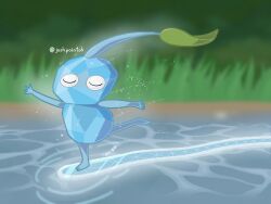  absurdres creature_focus fog frozen_lake grass highres ice ice_pikmin ice_skating josh.pointoh leaf pikmin_(creature) pikmin_(series) pikmin_4 pond skating snow water 