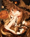  1girl artist_request bat blonde_hair bow braid fang hand_on_own_chin hat highres kirisame_marisa long_hair open_mouth pumpkin side_braid smile star touhou witch_hat yellow_eyes 