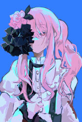  1girl 1other absurdres akiyama_mizuki bailingjiang bow closed_mouth covered_eyes dress drill_hair expressionless flower frills hair_flower hair_ornament highres keikyoku_no_machi_wa_doko_e_(project_sekai) long_hair long_sleeves official_alternate_costume pink_eyes pink_flower pink_hair project_sekai ribbon shirt side_drill side_ponytail sidelocks simple_background solo white_dress 