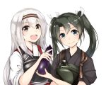  2girls :d blush breastplate brown_eyes colis_(regunm772) commentary_request eggplant food green_eyes green_hair hair_ribbon hairband kantai_collection long_hair multiple_girls muneate open_mouth remodel_(kantai_collection) ribbon short_sleeves shoukaku_(kantai_collection) simple_background smile traditional_clothes twintails upper_body vegetable white_background white_hair zuikaku_(kantai_collection) 